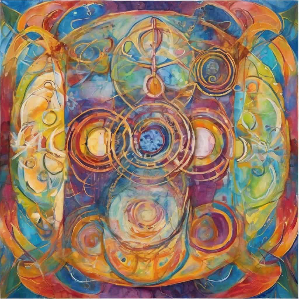 Ζωντανό αφηρημένο έργο τέχνης με πολύχρωμα κυκλικά μοτίβα και γεωμετρικές γραμμές.